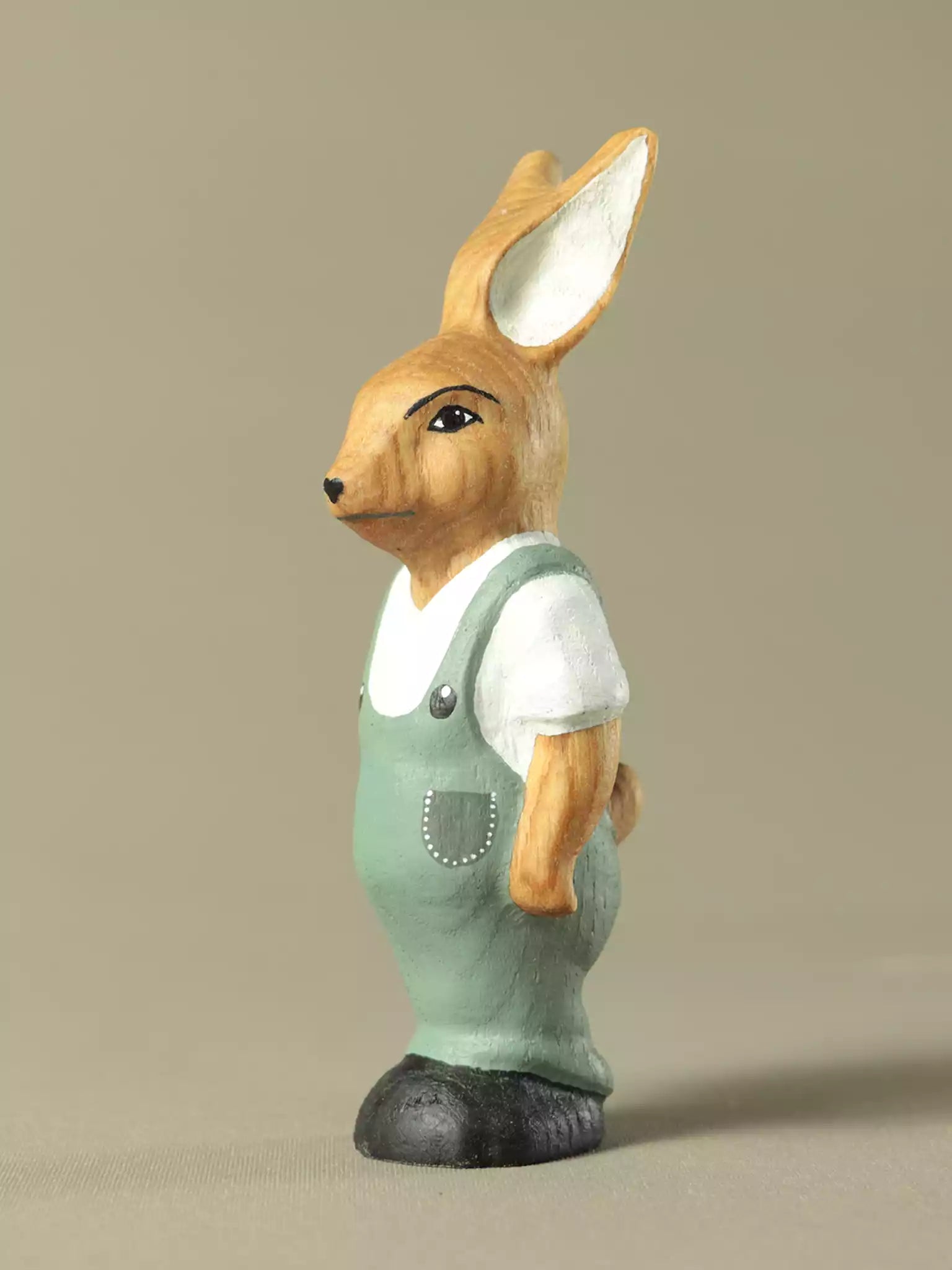 Wooden bunny in green overalls handmade toy