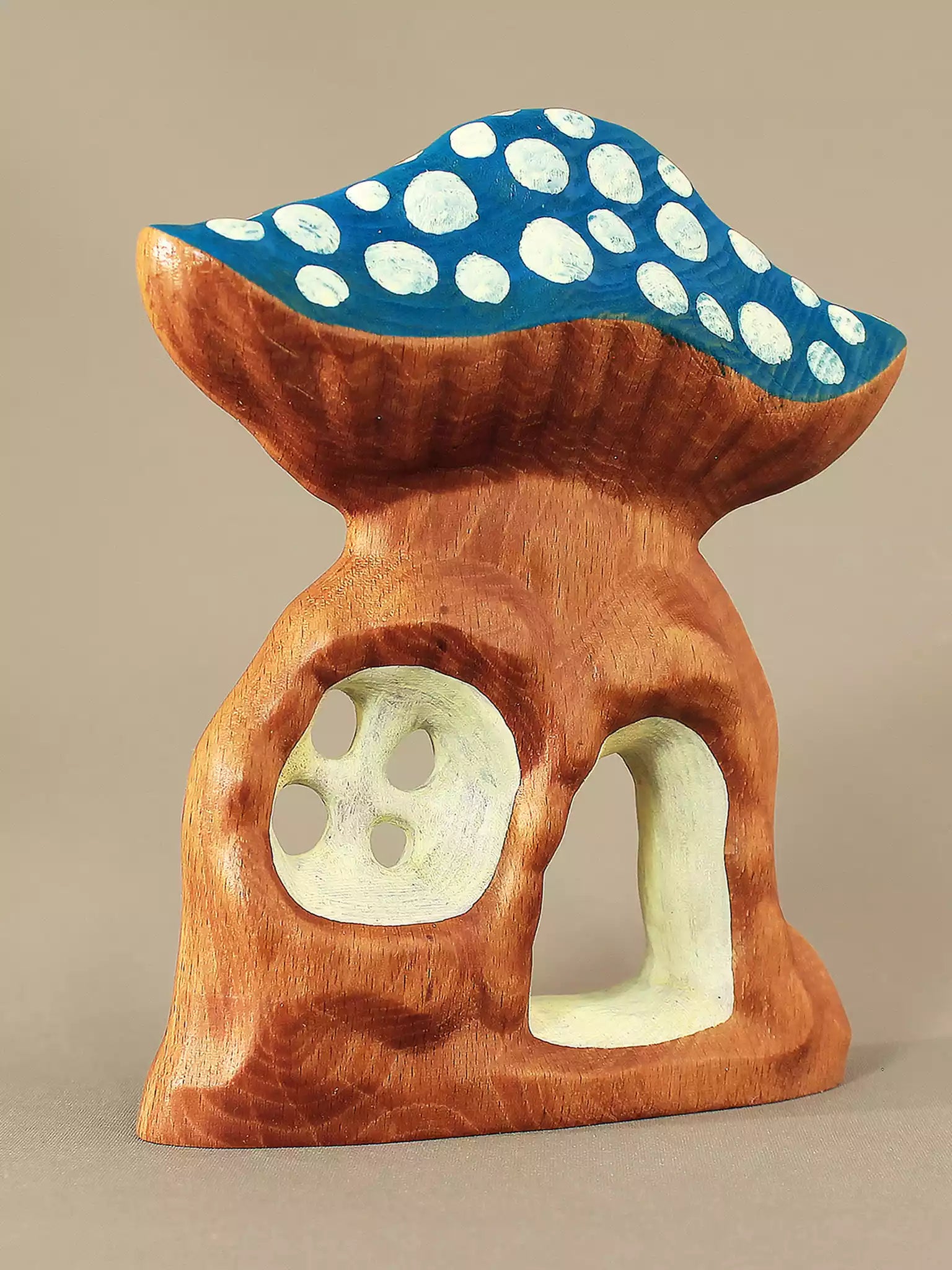 Wooden mushroom house blue roof fairy cottage