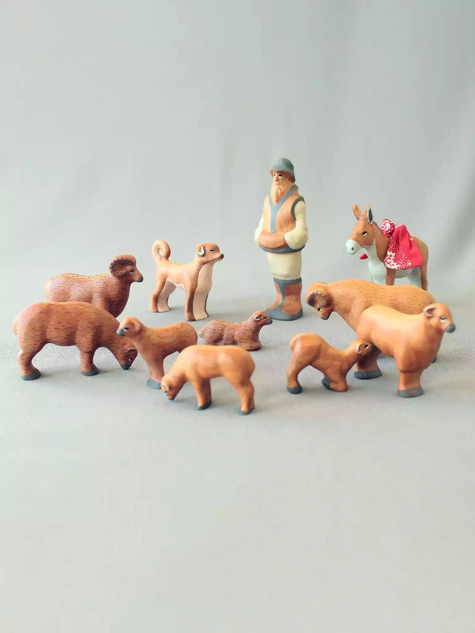 Wooden Shepherd and His Sheep Herd - Noelino Toys