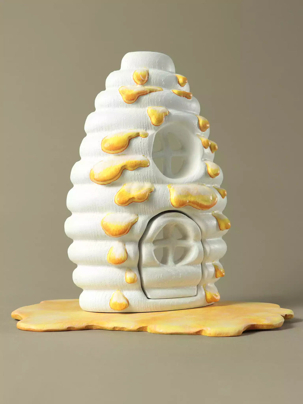 Hand painted wooden beehive house with honey drip details