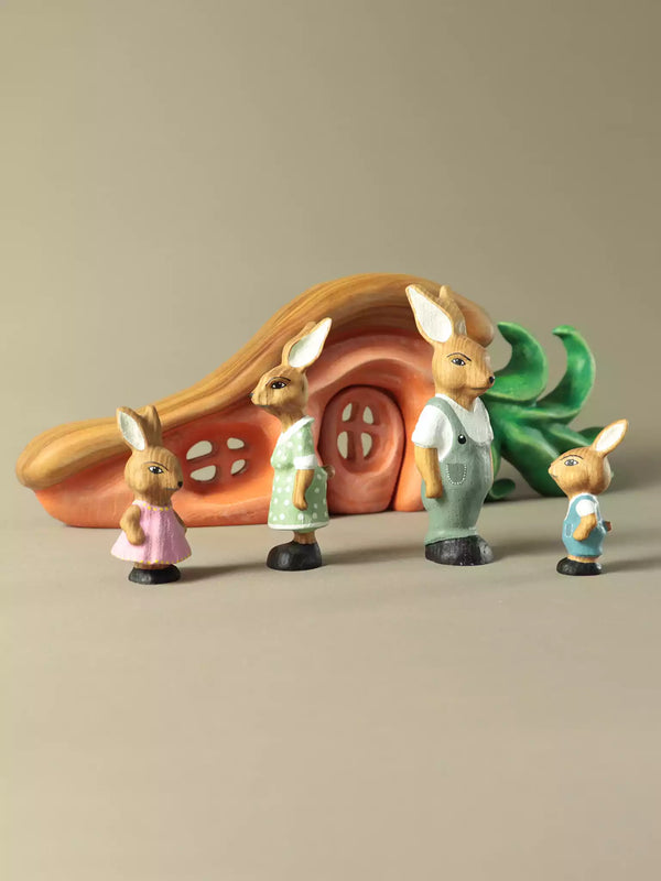 Wooden rabbit family toy set hand painted woodland animals and Carrot House
