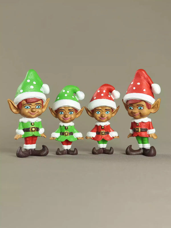 Four Christmas elves in festive outfits on a beige background