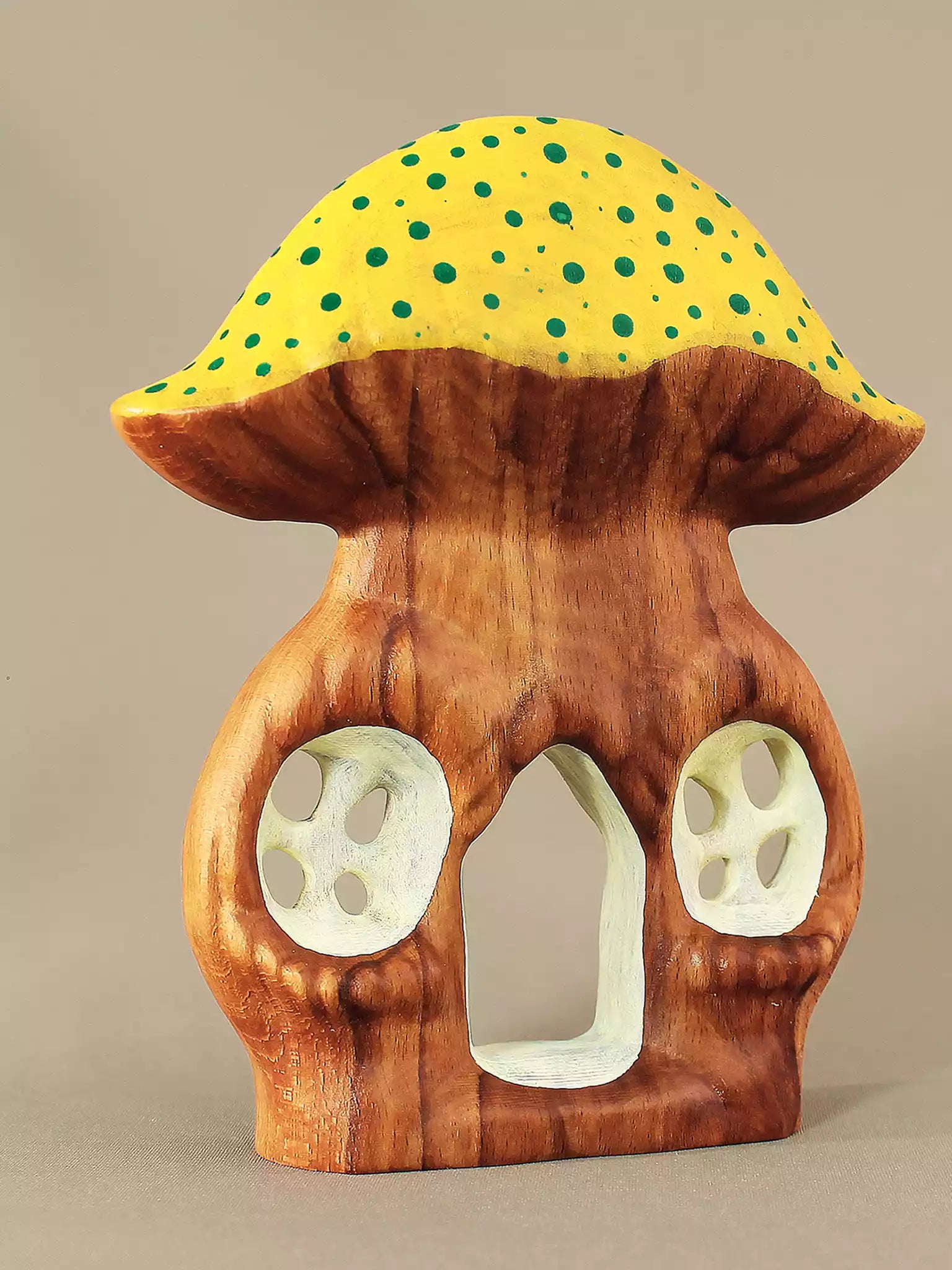 Hand painted wooden mushroom house yellow roof