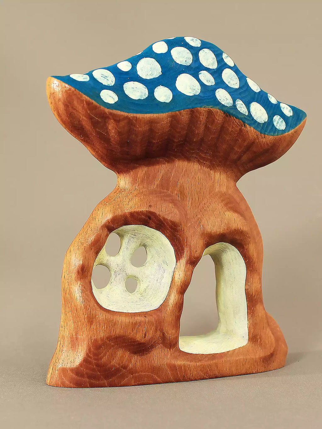 Wooden mushroom house blue roof fairy cottage