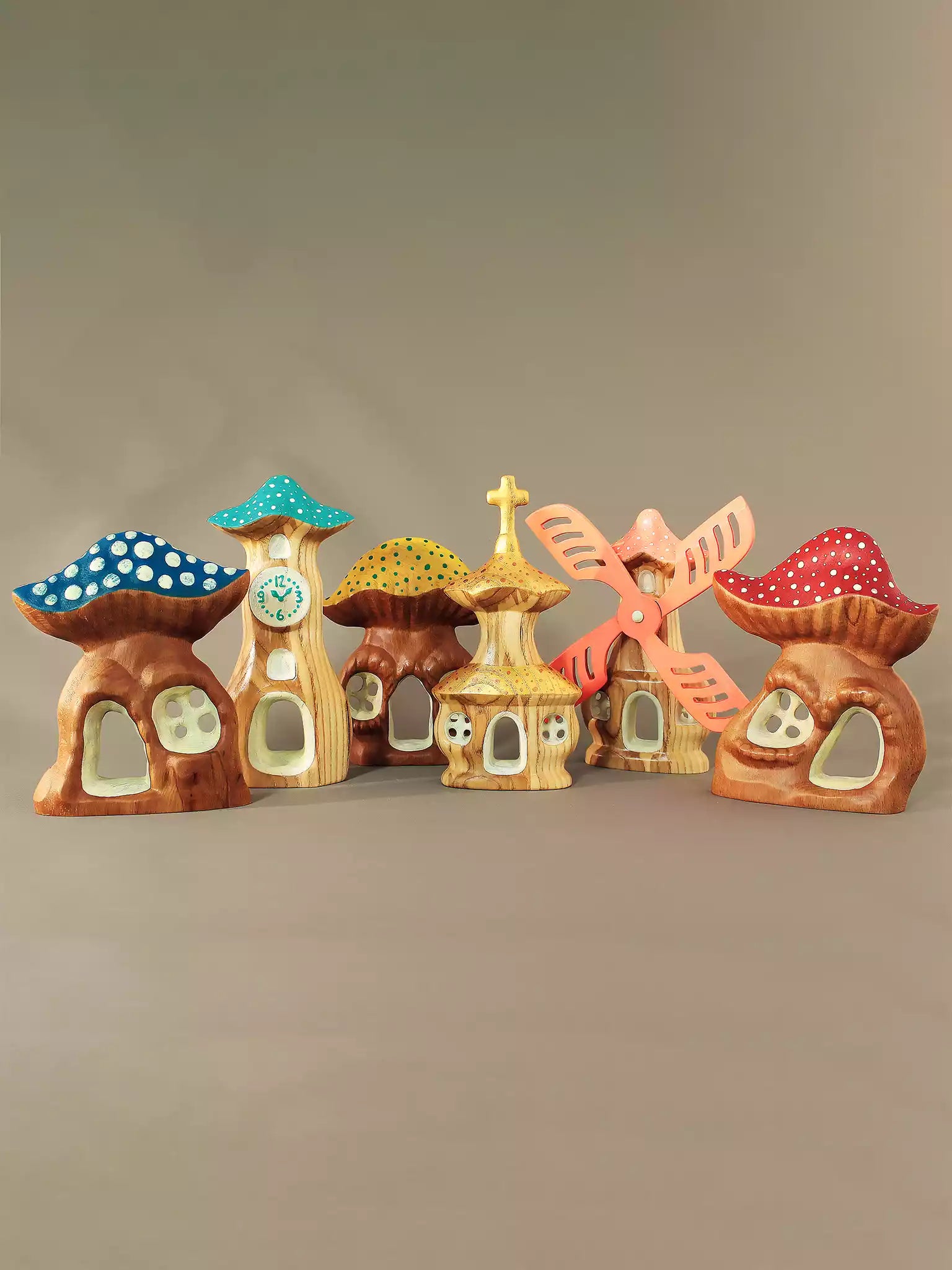 Wooden mushroom houses front view natural wood