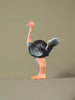 Rear angle of a hand-painted wooden ostrich toy showing detailed feathers and stance.