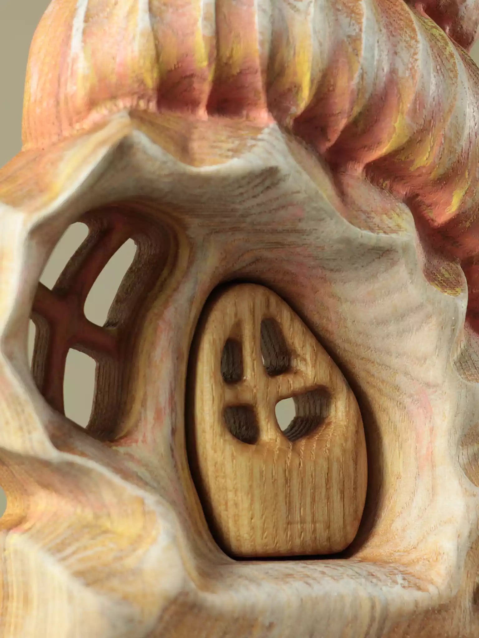 Wooden spiral shell toy house with rounded door