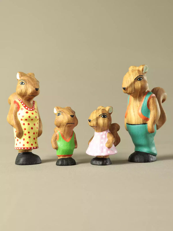 Montessori squirrel family wooden figurines collection
