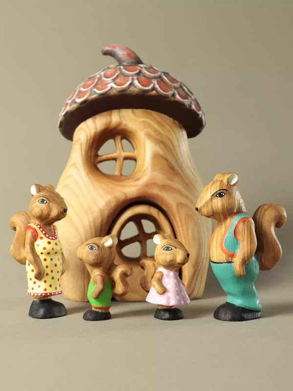 Wooden squirrel family toy set handcrafted forest animals