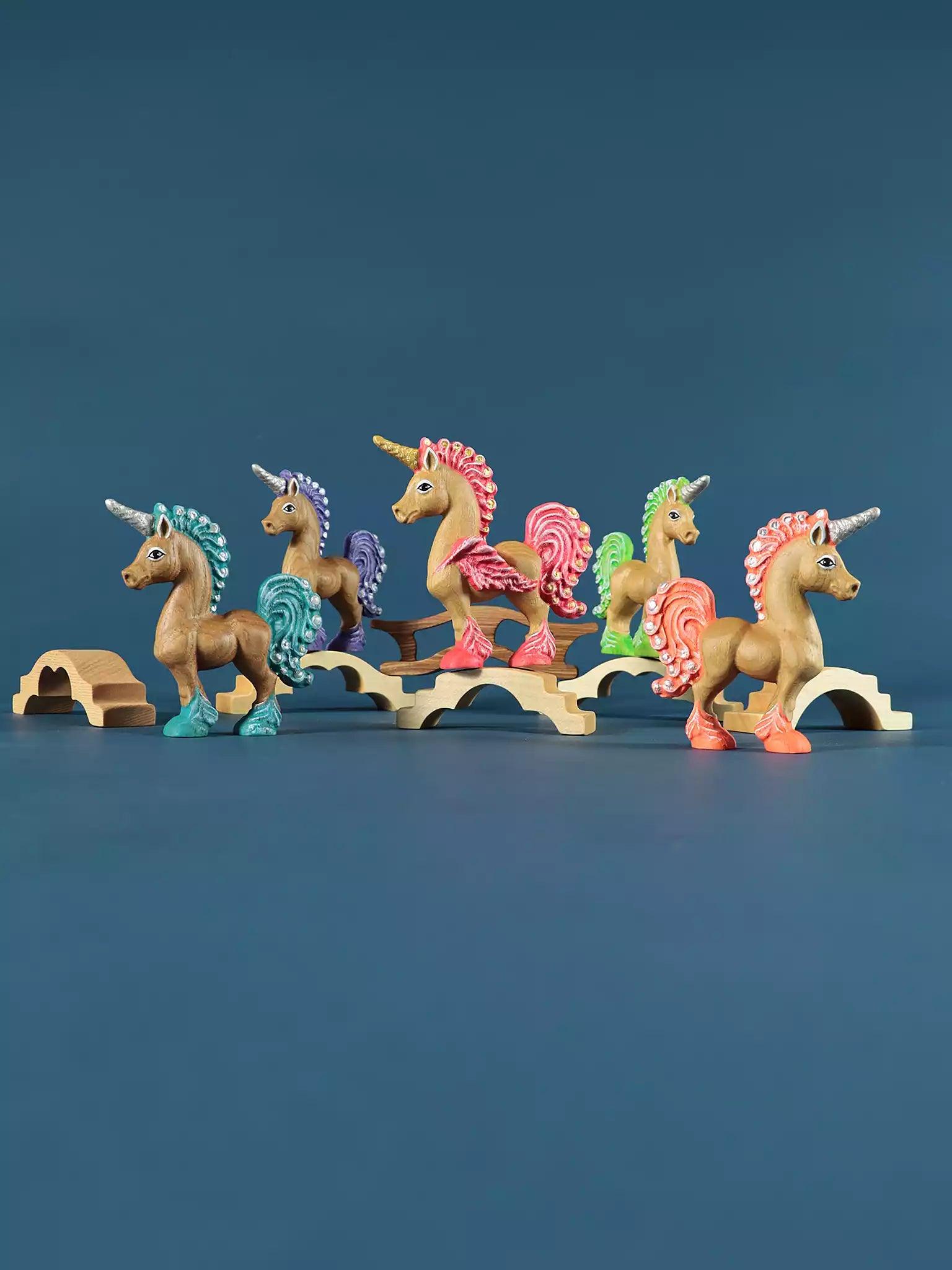 Wooden Unicorn Toy Figurines - Pegasus Pony Land SET - Noelino Toys